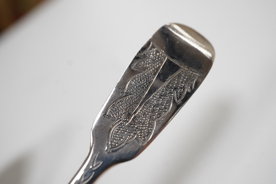 Two cased sets of six George VI silver teaspoons, Haseler & Restall, Birmingham, 1947, together with three assorted 19th century silver berry spoons.